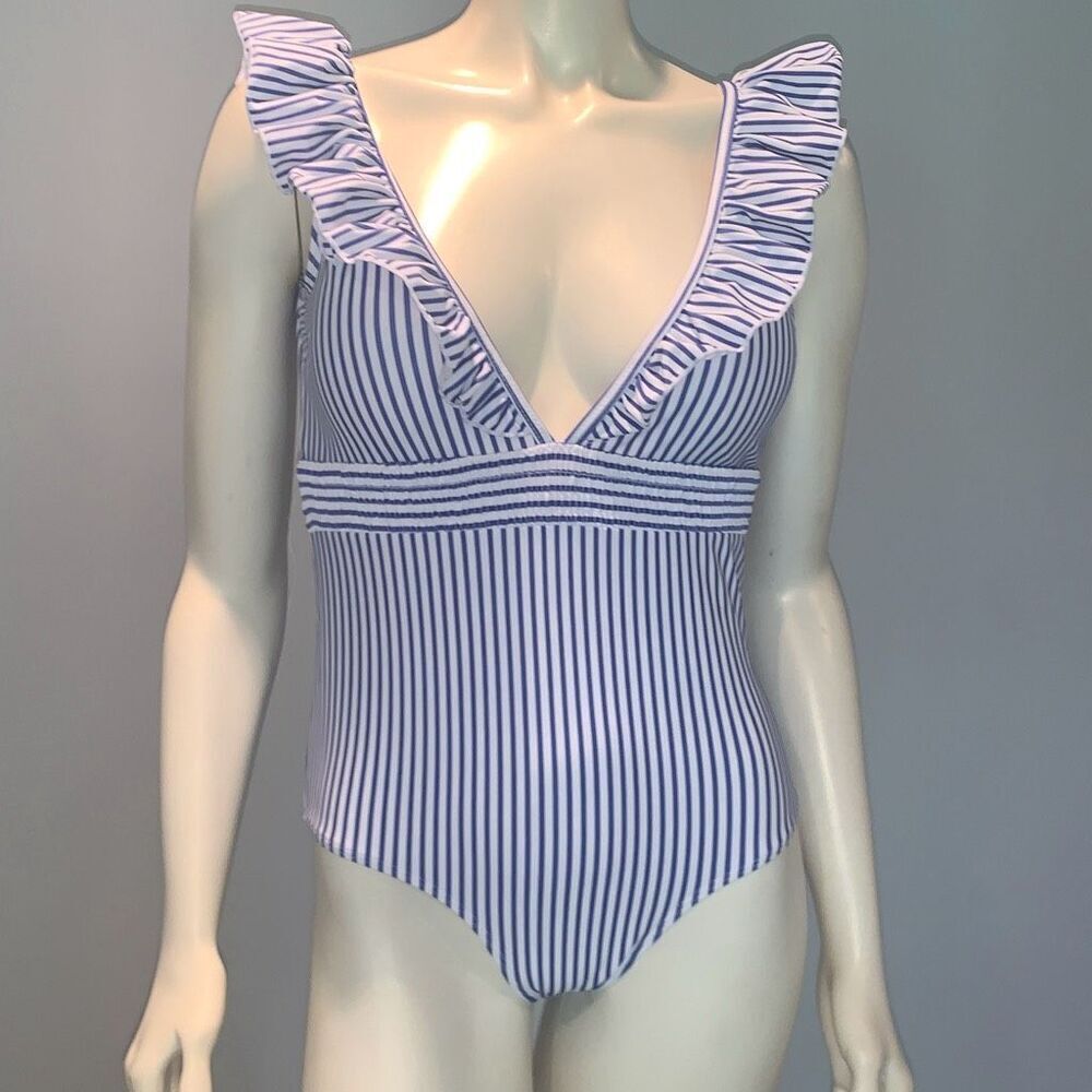 NWOT Zaful Nautical Blue Stripe Ruffle One Piece Swimsuit Size Medium